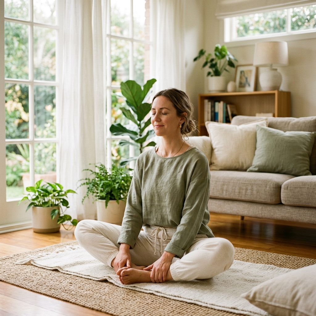 Mulher meditando em ambiente tranquilo